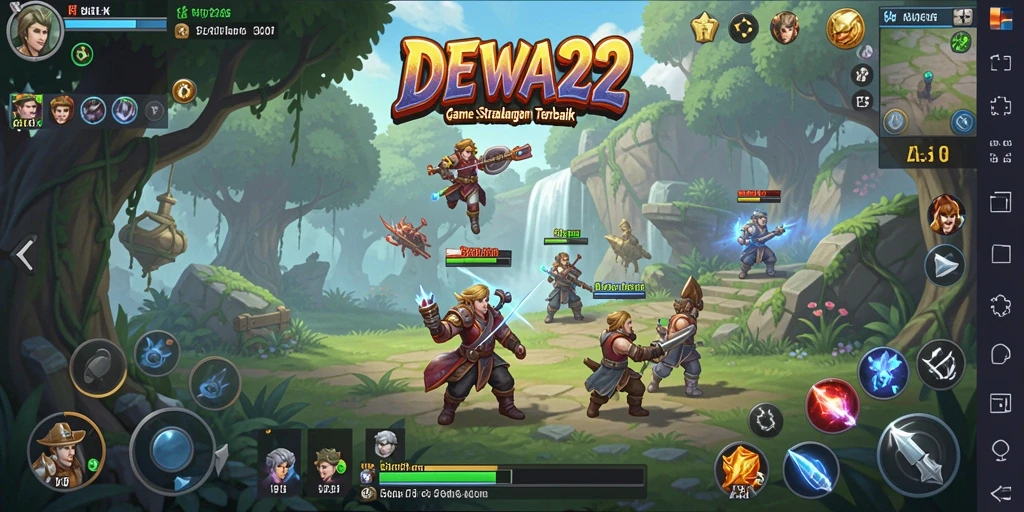 Screenshot menunjukkan pertempuran intens dan pembangunan kerajaan dalam DEWA22.
