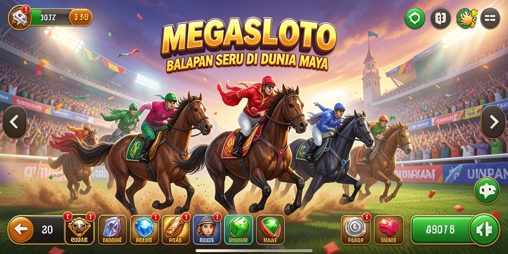 Gameplay seru MEGASLOTO dengan balapan yang mendebarkan.