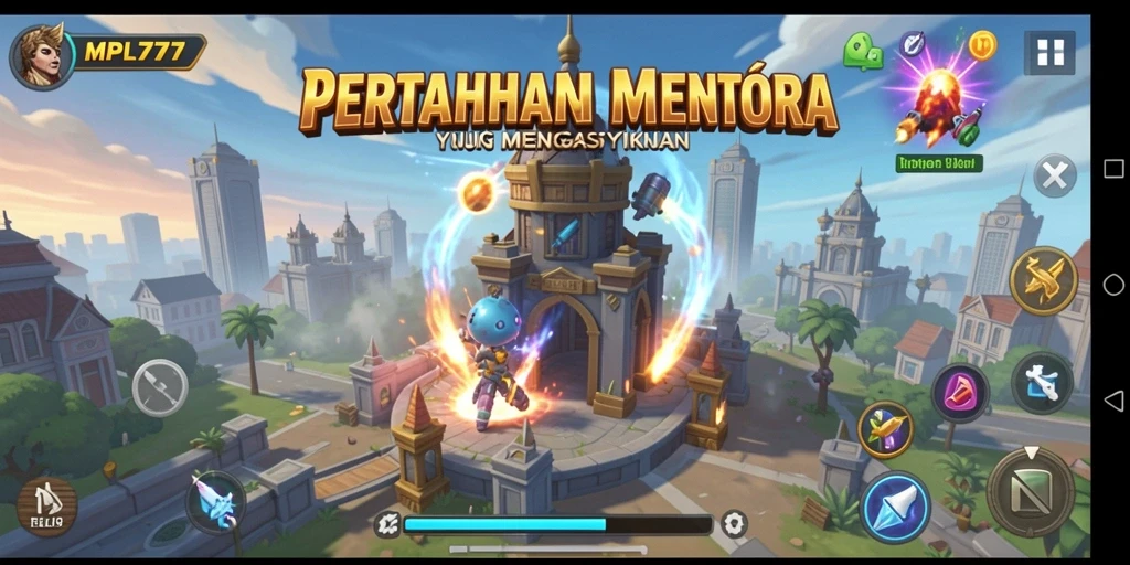 Screenshot gameplay MPL777 yang menunjukkan menara pertahanan yang kuat.