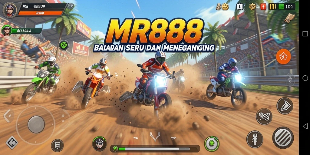 Screenshot gameplay MR888 yang menampilkan balapan mendebarkan di lintasan.