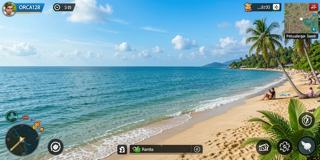 Screenshot ORCA128 menampilkan gameplay yang santai dan penuh warna.